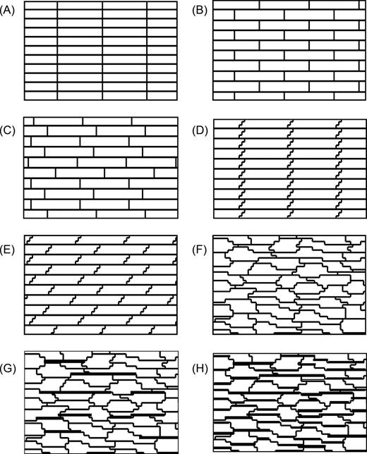  Various models of myocardial architecture: ( A ) uniform model (UN); ( B ) brick wall model (BW); ( C ) random brick wall model (RBW); ( D ) Uniform model with jutting at cell ends (UNJ); ( E ) random brick wall model with jutting at cell ends (RBWJ); ( F ) random model (RAND); ( G ) random model with 50% structural discontinuity (RANDwSD50); ( H ) Random model with 100% structural discontinuity (RANDwSD100). The darkened lines represent structural discontinuities (intercellular clefts). 