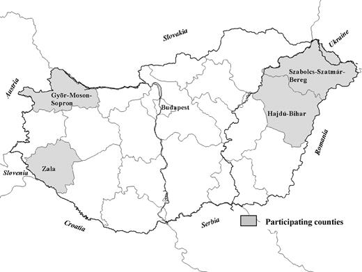 The participating counties in the General Practitioners’ Morbidity Sentinel Stations Programme in Hungary