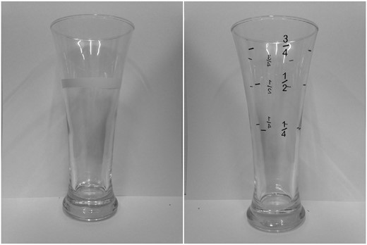 Marked glasses used in Studies One (left) and Two (right). Both curved glasses have 12 fl oz volume capacity