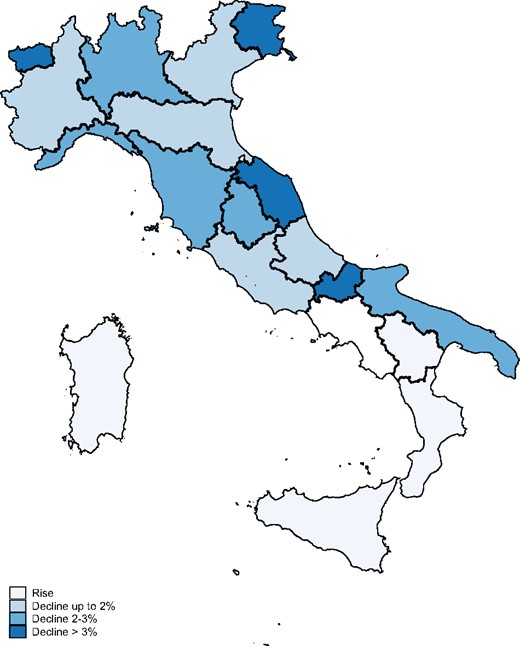 Variation in MMR coverage across regions in Italy, comparison 2010–13. Notes: data for Trentino Alto Adige available at province level only. Source: authors’ elaboration on data from Italian Healthcare Institute
