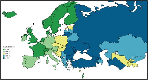 Map of Health 2020 index (2015). Displayed are the countries of the WHO European Region divided in quintiles based on the performance of the Health 2020 index (2015). Dark green = high Health 2020 quintile (2015), light green = upper middle Health 2020 quintile (2015), yellow = middle Health 2020 quintile (2015), light blue = lower middle Health 2020 quintile (2015) and dark blue = low Health 2020 quintile (2015).