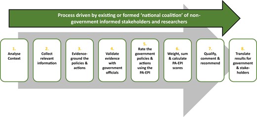 Process for assessing the policies and actions of governments to create healthy physical activity environments and determining the government Healthy PA-EPI (adapted from Swinburn et al., 2013)13