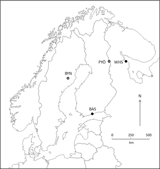 Map showing the location of study sites. The fish used as the parental generation in the common-garden study originate from the following populations: BAS = Baltic Sea, WHS = White Sea, PYÖ = Pyöreälampi, and BYN = Bynästjärnen. BYN and PYÖ represent independent postglacial colonizations from BAS and WHS, respectively. Closed dots denote marine habitats and open dots denote ponds.