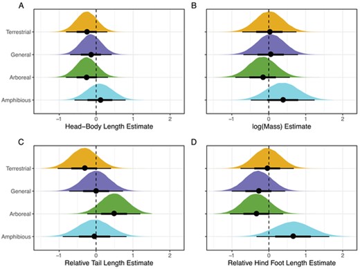 Density plots of phylogenetic mean trait values for the four locomotor modes. Black circles represent the median values and horizontal black bars are the 65% (thick) and 95% credible intervals (thin). All measurements are mean centered and scaled to 1 standard deviation.