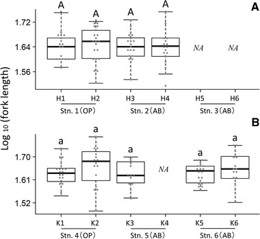 Comparison of log10-transformed fork length among juveniles reared in a common-garden experiment. Panels show differences among rearing groups originating in the (A) Hirai River and (B) Koza River. Station (Stn.) types are indicated in parentheses as open stream (OP) or above barrier (AB). Stations 2 and 5 are above-barrier stations with multiple downstream barriers. Stations 3 and 6 are above-barrier stations with one downstream barrier. Letters indicate homogenous subsets at the P < 0.05 level. NA = not available.