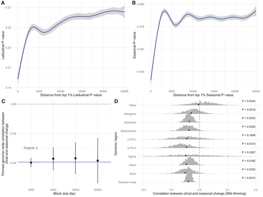Effects of linkage disequilibrium. The mean (A) latitudinal P-value and (B) seasonal P-value depend on distance to the respective top 1% outliers. (C) The correlation between clinal and seasonal variation changes with the size of the thinning window. (D) Comparison between original estimates (arrows) and values obtained after thinning using a window size of 5 kb (histogram). Histograms show the distributions across sampled thinned datasets, and the black arrows point to the original estimates.