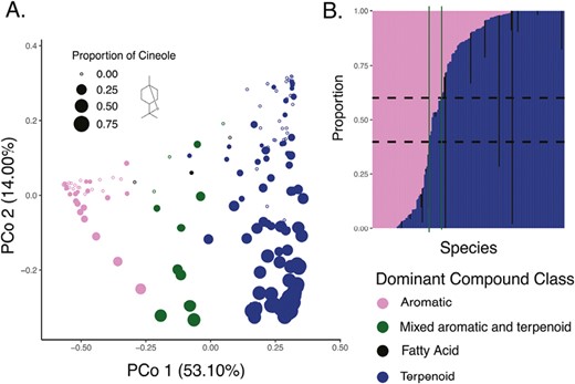 Biosynthetic pathway variation across the full data set. (A) Ordination of the full chemospace of all perfume flowers represented in the data set. Points represent species, sizes correspond to relative concentration of cineole (skeletal structure shown by the legend) within that species, while colors correspond to the dominant biosynthetic pathway represented. (B) Composition of all species with respect to aromatics, fatty acids, and terpenoids. Columns between the green vertical lines represent the species categorized as “mixed aromatic and terpenoid.”