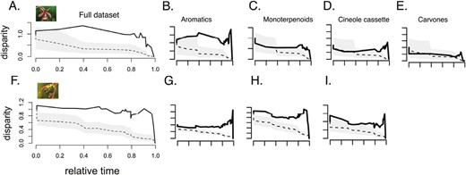 Disparity-through-time (dtt) plots of floral volatile traits in the Catasetinae (top row) and the Stanhopeinae (bottom row). (A) and (F) show dtt of the log-transformed full chemical data set, (B) and (G) show dtt of aromatic compounds, (C) and (H) show dtt of monoterpenoids, (D) and (I) show dtt plots of cineole cassette compounds, and (E) shows dtt of carvone compounds (present only in the Catasetinae). In all figures, solid black lines correspond to observed disparity, while the dotted lines represent median values from 1,000 simulations of the data using Brownian motion. The gray area corresponds to the 95% confidence intervals from the simulated null distribution.