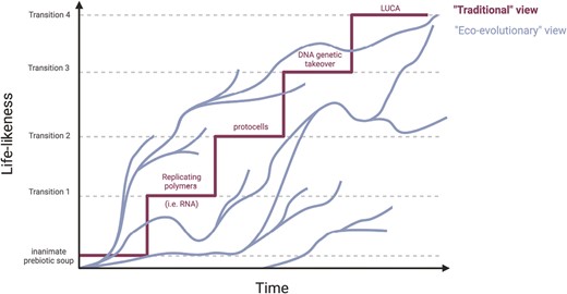 Two conceptual views of the origins of life. The “traditional view” (stepwise line) depicts a series of stepwise increases in life-like properties. Each step represents a discrete transition in complexity that follows a particular hypothesis for how life emerged on early Earth, in this case the RNA World Theory. Researchers with this view of life aim to determine how each step could have occurred under “prebiotically plausible” conditions, with the overarching goal to string together each step from prebiotic soup to simple cellular life. Importantly, this perspective follows one lineage, where each step proposes particular chemical entities that fit the same narrative. Given the role of stochasticity and contingency in evolution, piecing together each step in the emergence of life is not only impossible but also an unrealistic depiction of evolution as progress. An “eco-evolutionary” view (branching lines) envisages that there are many paths towards life and explores several ways life-like systems may gradually evolve. In this view, eco-evolutionary dynamics like convergence, coexistence, and competitive exclusion play important roles throughout life’s trajectory. While “life-likeness” must have generally increased, this progression was not uniform, with some populations reverting to ancestral states or remaining stable. Tips of branches indicate extinction events, and branching nodes represent instances of divergence, where EEFs facilitate biological innovation and the evolution of greater complexity in some lineages (see Figure 2). Researchers with this view do not aim to determine each step in the origin of life but instead explore how the process of evolution can play out in a variety of systems (figure adapted from Shenhav et al., 2003).