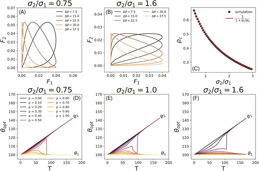 (a,b) Fitness sets at different times for σ𝟤/σ𝟣=0.75 and σ𝟤/σ𝟣=1.6, respectively, as the optimum of one environment moves away from the other. In both cases, σ𝟣=𝟣𝟢 and the specialist θ𝟤 changes with time T as θ𝟤(𝑇)=𝟣𝟣𝟢+𝑣𝑇 with 𝑣=0.25, while θ1 remains constant at 100. As Δθ=θ𝟤−θ𝟣 increases, the fitness set in both cases goes from being convex to concave. (c) The critical value 𝑝=𝑝𝑐. For p values below 𝑝𝑐, the long term optimal strategy is the stationary optimum. The 𝑝𝑐 values were obtained numerically by implementing a binary search algorithm (see Section S2 of Supplementary Information) in the range 𝑝∈(𝟢,𝟣) to identify up to 4 digits of precision the value of p above which the optimal phenotype switches from the moving to the stationary optimum at long times. The critical value 𝑝𝑐 is independent of v and only depends on Δθ, and simulation results show excellent agreement with the analytical prediction in Equation 3. Note that the form of 𝑝𝑐 is dependent on our assumption that the area under the fitness curves remains conserved. When this assumption is relaxed, 𝑝𝑐 ceases to depend on σ𝟤/σ𝟣. This is shown in Section S6, Figure S7 (d) of Supplementary Information. (d,e,f) The optimal phenotype with respect to time for different values of p (the frequency with which the stationary environment is encountered), and for σ2/σ𝟣=0.75, σ𝟤/σ𝟣=1.0 and σ𝟤/σ𝟣=1.6, respectively. For a given set of parameters (θ𝟣,θ𝟤(𝑇),σ𝟣,σ𝟤,𝑝), the optimal phenotype as a function of time T was calculated by numerically solving for the point on the corresponding fitness set that is intersected by the adaptive function 𝐴(𝐹𝟣,𝐹𝟤,𝑝)=𝐴𝟢 with the highest possible value of 𝐴𝟢. In all three cases, θ𝟣=𝟣𝟢𝟢, θ𝟤(𝑇)=𝟣𝟣𝟢+𝑣𝑇, 𝑣=0.25 and σ𝟣=𝟣𝟢.