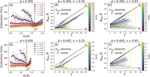 Time to extinction for different values of σ𝟤/σ𝟣 and different rates of change v. In (a,d) the smaller points represent the time to extinction for individual populations and show the spread around the mean, which is represented by the larger points. Populations that survive the entirety of the simulation are not represented here. In (b,c,e,f), we plot the optimal phenotype θopt (dashed) and the mean phenotype θ¯ (solid) of a population adapting to this optimal phenotype as a function of time T, and for different values of the asymmetry σ𝟤/σ𝟣 (colorbar). For all p and σ𝟤/σ𝟣, increasing the rate of environmental change v leads to a decrease in the mean time to extinction. At a particular p dependent value of the asymmetry σ𝟤/σ𝟣=σ*(𝑝) the curves in (a) and (d) show a minimum in the extinction time, marking two different regimes of extinction events. Below( σ*(𝑝) extinction is driven by the lag with respect to the optimal phenotype, as can be seen from the curves in the blue end of the spectrum in (b,c,e,f). The lag increases as σ𝟤/σ𝟣<σ*(𝑝) increases, leading to a decrease in the mean time to extinction for low v, and fairly constant extinction times for high v in this regime. Above σ*(𝑝) extinction is almost entirely determined by the time at which the optimum has a large abrupt shift from the stationary to the moving specialist. This time increases with increasing σ𝟤/σ𝟣>σ*(𝑝), resulting in a corresponding increase in the mean time to extinction in this regime. For these plots 𝑚=0.5,𝑓max=2.0,𝐾=1,000,θ𝟣=𝟣𝟢𝟢,θ𝟤=𝟣𝟣𝟢 and σ𝟣=𝟣𝟢.