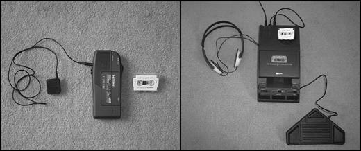 Analogue audio recording equipment: dictaphone with microphone and mini-cassette tape and foot-pedal controlled transcription machine with headphones