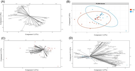 Variability of organic molecule occurrence associated with noncolonized (NC) and colonized (C) water samples. (A) Loading plot from the PLS-DA showing organic molecule variables most strongly correlated with latent variables. (B) Score plot showing organic molecule composition for NC (red circle) and C (blue circle). (C) and (D) PCA plots of organic molecules (black vectors) for NC (C) and C (D).