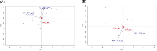 Effect of pollution gradients on the structure and variability of microbial communities associated with noncolonized (NC) water samples. Microbial community distances obtained from ITS sequencing (dots) were constrained based on physicochemical and pollution parameters (blue vectors) and represented by dbRDA plots. (A) PC1_poll/PC2_poll represents the combination of physicochemical and pollution variables. (B) PC1_mp/PC2_mp represents the organic molecule occurrence. OTU names significantly correlated (P < .05) with PC1_poll/PC2_poll or PC1_mp/PC2_mp are highlighted in red.