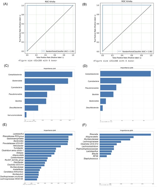 Selected features of gut microbiome identified by machine learning. ROC (receiver operating characteristic) curves (A and B) and importance plots (C, D, E, and F) with significant discriminators between L and H females (C, E), L and H males (D, F). AUC value, representing predictive power of biomarkers (bacterial phylum (C, D) and genus (E, F).