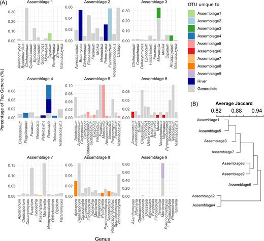 (A) Taxonomic composition of individual assemblages showing the most prevalent OTUs on genus level and proportions shown in respective assembly colors when OTUs are unique to an assembly, colored in gray when they occur in all assemblies (Generalists) or are colored in blue when they are unique to the river assemblies (River). (B) Dendrogram based on the Jaccard distance between assemblies computed from the presence or absence of fungal OTUs in each assemblage.