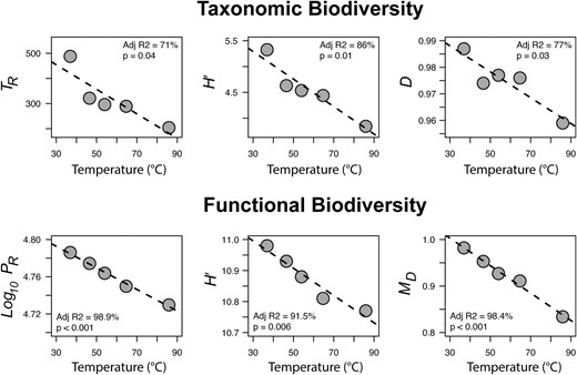 Example one, geothermal hotspring temperature biodiversity gradient. Both taxonomic (ribosomal rRNA gene) and functional (all protein-encoding genes) biodiversity decreases with increasing temperature as stress selects for few heat-adapted taxa with relatively limited functionality. Linear regression slopes for each index are shown (n = 1 per temperature point). TR = taxonomic-marker derived Richness, H′ = Shannon, D = Simpson Evenness, PR = protein Richness, MD = metagenomic diversity derived from genetic (dis)similarity of all protein-encoding genes.