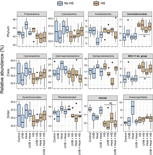 Boxplots of the relative abundance of the four most abundant phyla, classes, and orders under the independent and combined effects of UVB, heat, and HS supplementation. Relative abundances are grouped per treatment. Note that factor-related significant variation is indicated with an * (GLM, P < .0125). See Table S5 (Supporting Information) for detailed statistical results.