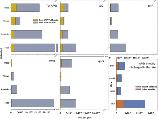 Proportion of ARGs originated directly from WWTP effluents or from other sources. The last panel refers to the number of ARGs released by the WWTP of Verbania, compared with those by other WWTPs directly discharging in Lake Maggiore. The x-axis indicates the extrapolated value of ARGs per year in each sampling site.