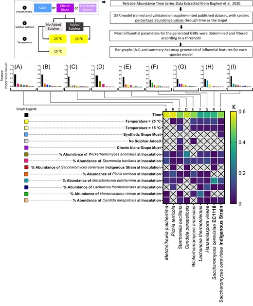 Feature importance values for GBR models trained on relative abundance of a nine-species wine yeast community in different growth media, growth temperatures, and sulphur addition. Feature importance values for each species are reported, namely: M. pulcherrima (A), P. terricola (B), S. bacillaris (C), C. parapsilosis (D), W. anomalus (E), L. thermotolerans (F), H. vineae (G), S. cerevisiae EC1118 (H), and S. cerevisiae Indigenous Strain (I). The legend for A–I is provided, with each bar colour representing a model feature. A summary heatmap of the feature importance values is provided for comparison, with a colour scale where darker blue is a low value and brighter yellow is a higher value (K).