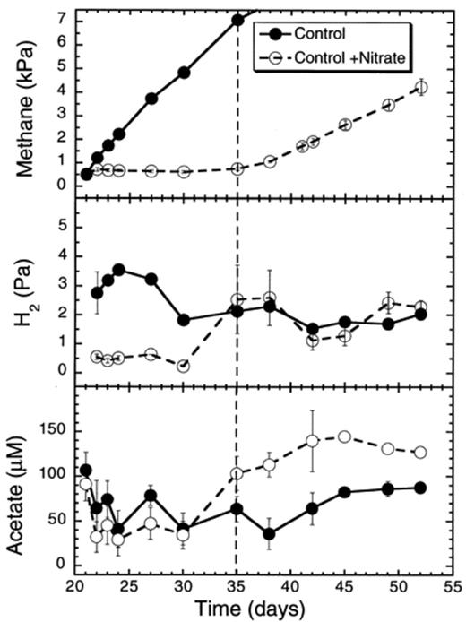 Effect of nitrate on CH4 and H2 partial pressures, and on acetate and propionate concentrations in rice soil slurries. Nitrate was added after 21 days of anaerobic incubation. The dashed line indicates the time when methanogenesis in the nitrate treatments resumed. Data points are average of duplicate flasks and error bars represent ±1 S.D.