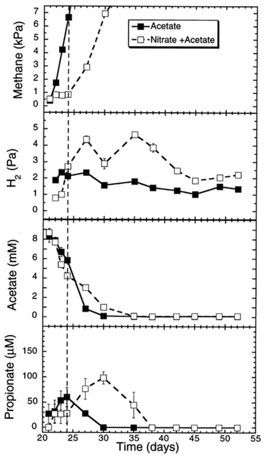 Effect of acetate additions on CH4 and H2 partial pressures, and on acetate and propionate concentrations in rice soil slurries supplemented and not supplemented with nitrate. The dashed line indicates the time when methanogenesis in the nitrate treatments resumed. Data points are average of duplicate flasks and error bars represent ±1 S.D.