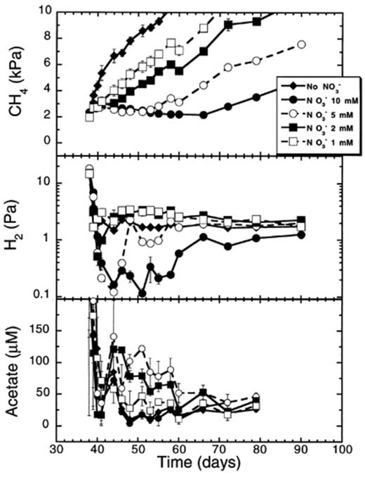 Effect of various nitrate concentrations on CH4 and H2 partial pressures, and on acetate concentrations in rice soil slurries. Data points are average of duplicate flasks and error bars represent ±1 S.D.