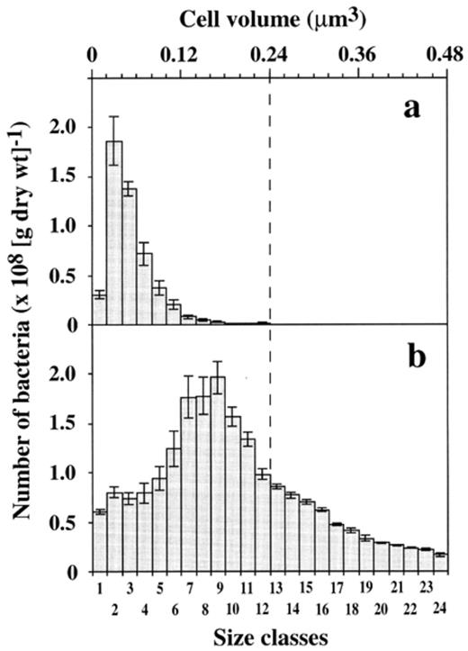 Size distribution of DAPI-stained bacteria in soil (a) and leaf material (b). Scales for cell volumes as well as for size classes apply for both soil and leaf material.