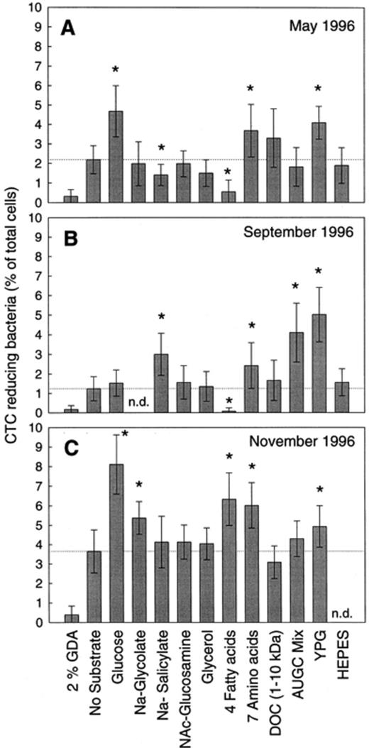 Percentage of CTC-reducing bacteria of the Zwischenahner Meer in the May (A), September (B), and November samples (C) after addition of different substrates. Error bars indicate the S.D. of cell counts (n= 15). Asterisks indicate significant differences from control without substrates (P<0.01). GDA, glutaraldehyde; four fatty acids: mixture of formate, acetate, propionate and butyrate (200 μM each), seven amino acids: alanine, arginine, asparagine, isoleucine, cysteine, tyrosine, glutamine (200 μm each); DOC, DOC1–10kDa at a final concentration of 15 mg l−1; AUGC mix: mixture of adenine, uracil, guanine and cytosine (200 μM each); YPG: yeast extract (0.0072%), peptone (0.0036%) and glucose (0.0072%). n.d., not determined.