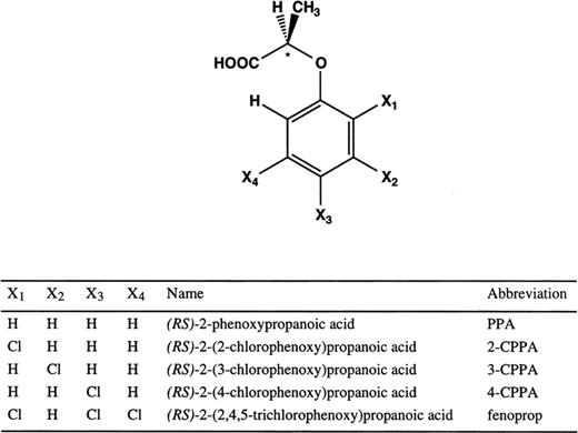 General structure, names and abbreviations of the chiral phenoxyalkanoic acids investigated in this study. An asterisk marks the stereogenic center.