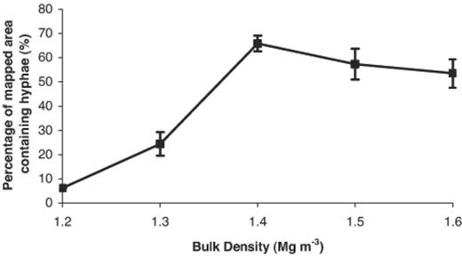 Presence of hyphae of R. solani within mapped areas of thin sections (27×23 mm) at different bulk densities (point show means, n=3; S.E.M. shown).