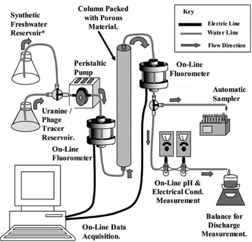 Schematic illustration of column apparatus used in bacteriophage tracer test experiments.