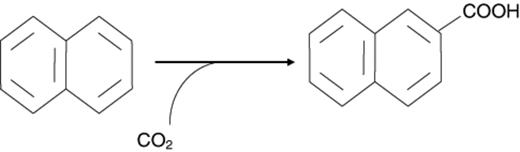 Proposed activation reaction for naphthalene by addition of CO2 to generate 2-naphthoic acid.