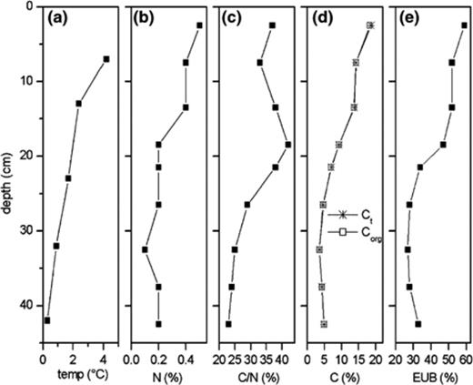 Vertical profile of selected soil properties and EUBmix counts relative to total bacterial cell numbers. (a) Average soil temperature in August, (b) N content, (c) C/N ratio, (d) C content, and (e) fraction of TBC detected with probe EUBmix. C and N contents were measured using Vario EL III elemental analyzer (Elementar Analysensysteme, Germany).