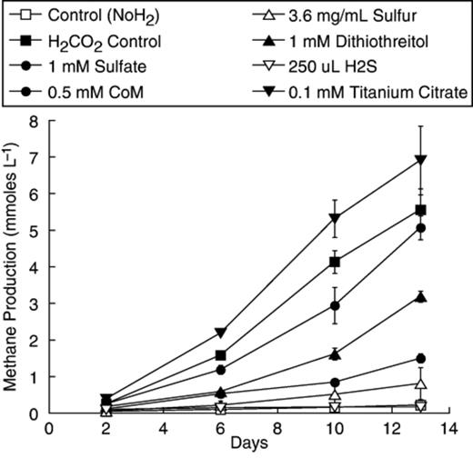 Methanogenesis from H2/CO2 by McLean bog peat slurries incubated with different potential reducing agents/sulfur sources. Besides the additions shown, less than 1 mmol L−1 CH4 was produced in 13 days by peat amended with 0.5 mM sulfite, 0.5 mM sodium thiosulfate, 1 mM cysteine, 1 mM sodium thioglycolate, or 2.9 mM mercaptoethanol. Points represent an average of duplicate tubes and the bars represent the range around those means.