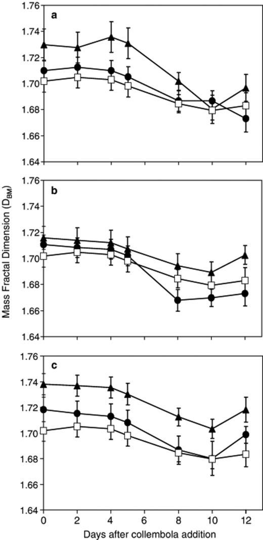 Change in Phenerochaete velutina mass fractal dimension (DBM) with time in mycelial systems grazed by 20 (a), 40 (b) or 80 (c) collembola compared with ungrazed. ◻ ungrazed; ▲ continuously grazed; ● grazed for 2 days then grazing ceased. Repeated measures anova revealed no significant (F36,378=0.851, P=0.716) time × treatment interaction, but a significant (F6,63=2.884, P=0.015) overall treatment effect (i.e. irrespective of time).