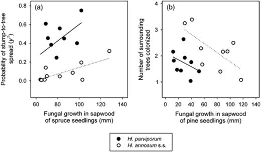 Correlation between spread measures of several Heterobasidion annosum s.s. and Heterobasidion parviporum isolates after artificial infection on stumps, and the fungal growth of the same isolates on sapwood of spruce seedlings (a) and pine seedlings (b) 34 days after infection (including dead seedlings) (Swedjemark et al., 1999) (Table 3). The frequency of stump-to-tree spread significantly correlated with the fungal growth in spruce seedlings in the case of H. annosum s.s. (R2=0.54, P=0.029) but not in the case of H. parviporum (R2=0.29, P=0.14). The number of trees colonized in the surroundings of the artificially infected stumps (Table 2) significantly correlated with the fungal growth in pine seedlings in the case of H. annosum s.s. (R2=0.46, P=0.044) but not in the case of H. parviporum (R2=0.14, P=0.32). The transformation of the variables is shown in parentheses.