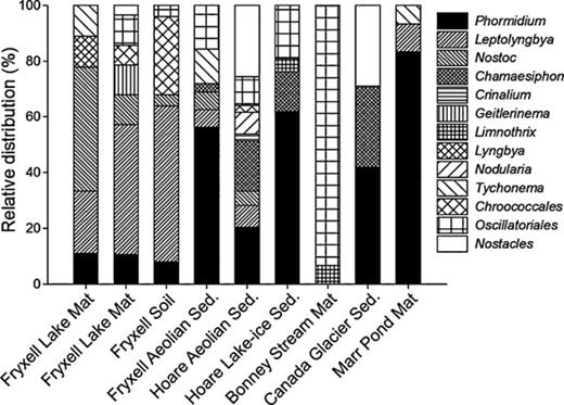 Relative distribution (%) of different cyanobacterial genera within Taylor Valley habitats. Clones that had < 95% 16S rRNA gene similarity to a cultured representative were identified by the respective order.