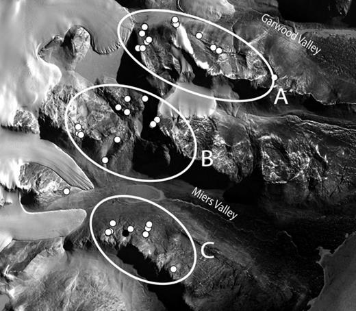 General view of the studied area showing the sampling points (white dots). A, B, and C denote the three geographical areas in which samples have been divided. The Marshall Valley lies between the Miers and Garwood Valleys. The image is approximately 15 km across and 12 km high and the white on the left shows glaciers.