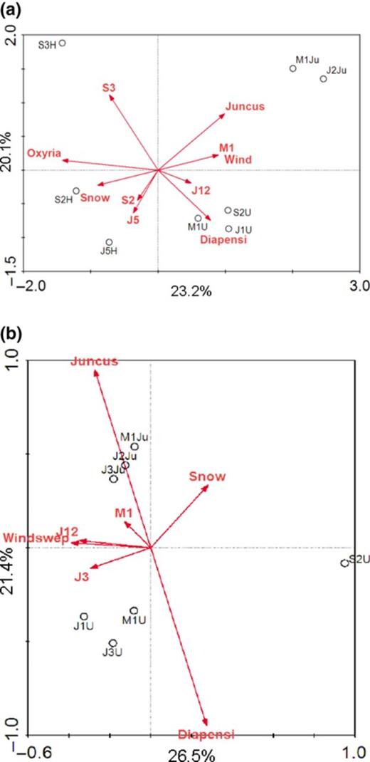CCA ordination of endophyte community composition in (a) isolate libraries and (b) clone libraries. Samples are labelled with dipartite code indicating sampling site (J12, J3, J5, S2, S3, M1; see Fig. 1 for sampling sites) and sampled plant species (U = Diapensia lapponica, Ju = Juncus trifidus, H = Oxyria digyna). Per cent variation explained is indicated in the axes.
