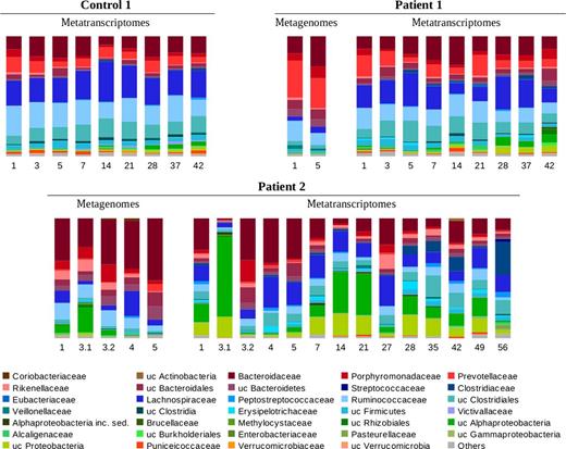 Relative abundance of microbial families in samples of Control 1, Patient 1 and Patient 2. Data were generated by taxonomic annotation of 16S rRNA genes and transcripts. The sampling day is indicated below each column. When there are two samples from a given individual in the same day, these are numbered after the day.