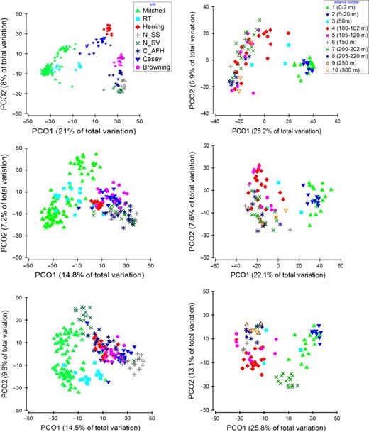 Comparison of the PCO plots generated with the 454 pyrosequencing, ARISA and T-RFLP results. The first 3 PCO plots represent all samples, separated by sites. The following three plots represent all the samples within the Mitchell Peninsula site, separated by the a priori distance groups.
