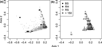(a) Ordination based on PCO of pyrosequencing data. Samples are represented by symbols (BS, bulk sediment; RH, Halimione portulacoides rhizosphere; RS, Sarcocornia perennis ssp. perennis rhizosphere). OTUs are represented by circles and OTUs with > 150 sequences are represented by large circles. (b) OTU number of dominant 16S rRNA gene sequence reads (> 150 sequences).