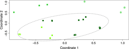 nmds clustering of bacteria associated with the endosphere of Agave salmiana (leaf: empty dark green squares, root: full dark green squares) and Agave tequilana (Amatitan: leaf: empty green squares, root: full green squares; Penjamo: leaf: empty light green squares, root: full light green squares), during the dry season (S= 0.19). The gray ellipse comprises the cluster formed by samples from Guanajuato.