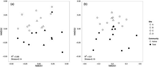 NMDS ordinations based on the Bray–Curtis dissimilarity of OTU abundance within (a) bacterial or (b) fungal communities reveal spatial variation by site and between total and active communities. Each marker represents an individual plot in the NMDS charts.