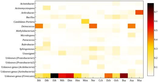Relative abundance of dominant sequences assigned to genus level (1% cut-off) found on the phyllosphere of 14 different greenhouse plants.