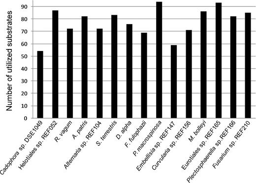 Number of utilized substrates out of the 95 carbon sources present on the BioLog FF MicroPlates by the 15 DSE fungi.