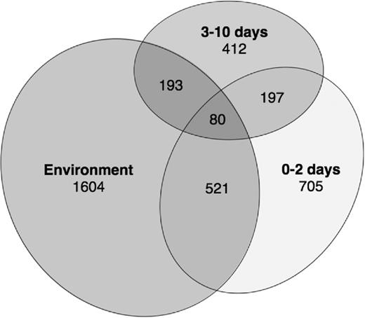 Scaled Venn diagram of the core bacterial OTUs isolated from fecal samples of young (0–2 days) and old (3–10 days) dunlin and red phalarope chicks, as well as environmental samples of water and soil. Numbers represent numbers of unique or shared core OTUs.