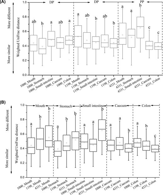 Interindividual variation of bacterial community structure within each group. (A) The variations among gut regions in each species. (B) The variations of the same gut regions between host species.
