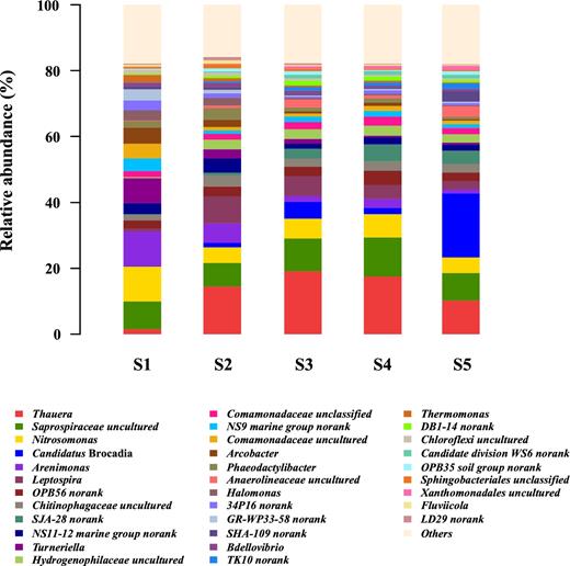 Microbial community structure and its relative abundance in granules with five size distributions at genus level.